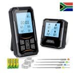 Wireless meat thermometer with four stainless‑steel probes, color display base, and Bluetooth app shown beside a sizzling steak on a barbecue.